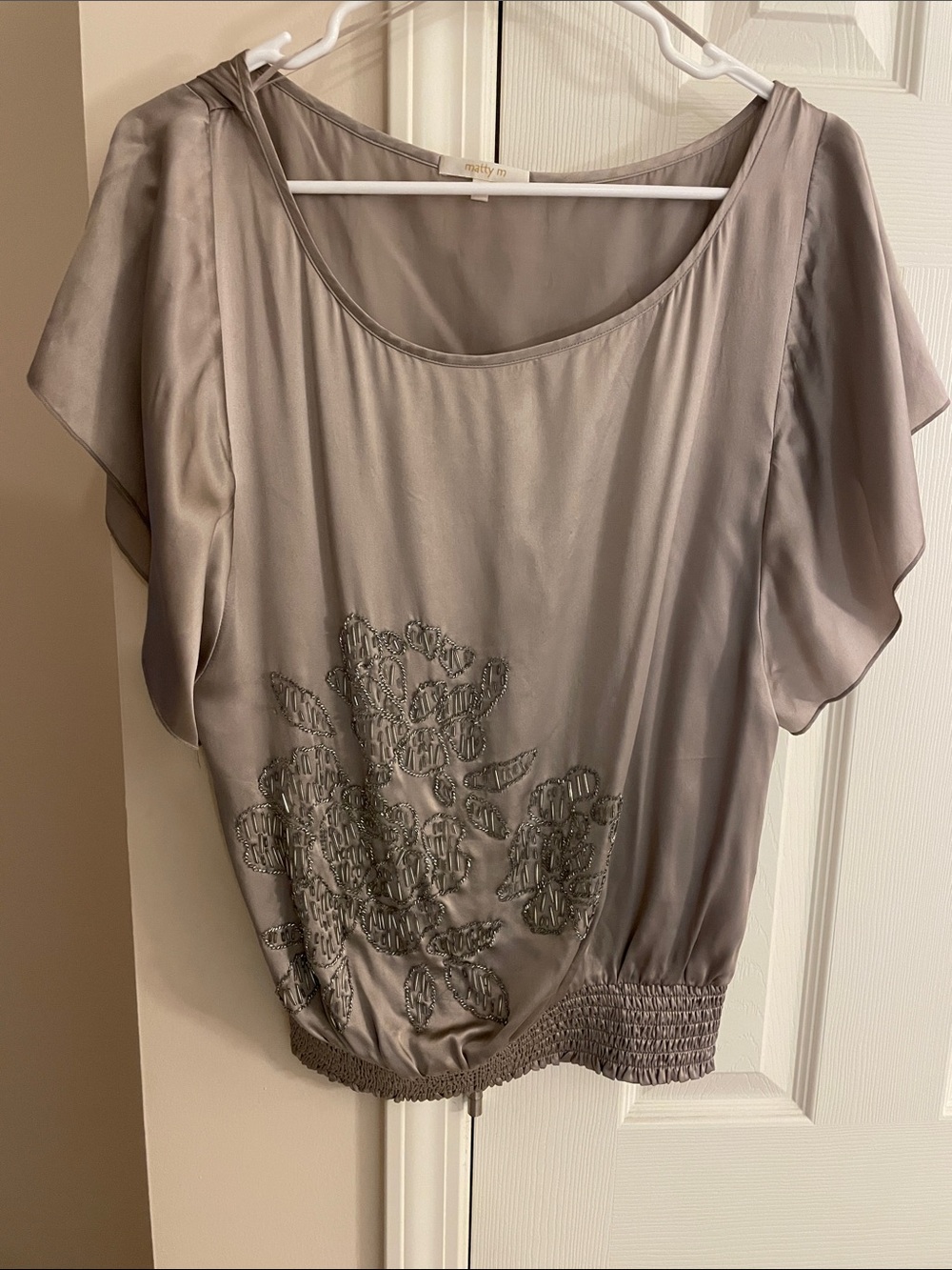 100% Silk Beaded Floral Blouson Top - Taupe